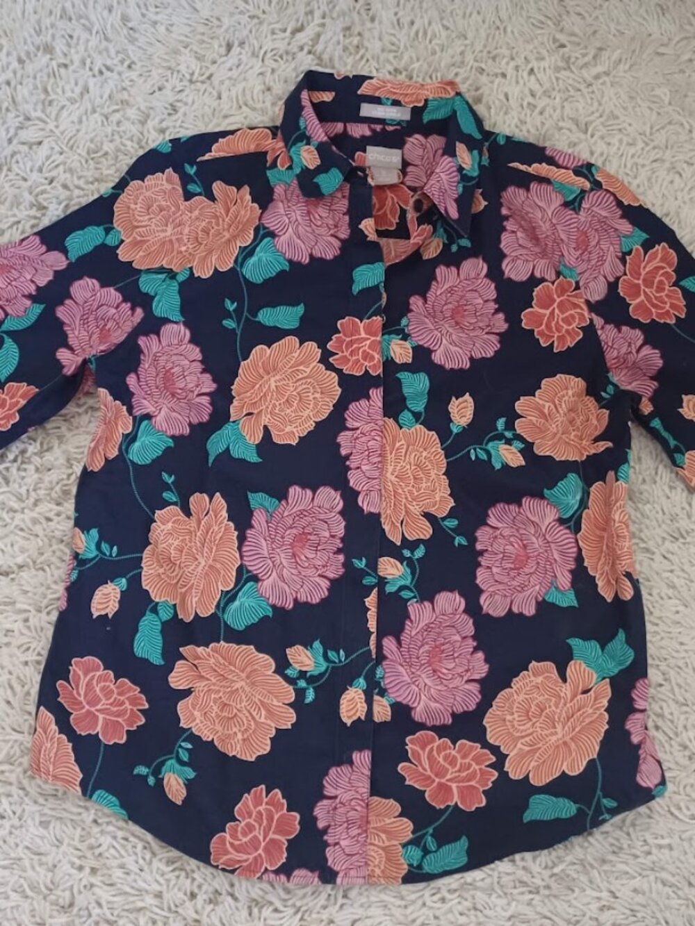 Chico’s Women’s No-Iron Stain Shield Floral Button-Down Shirt – Sz 0 Sm